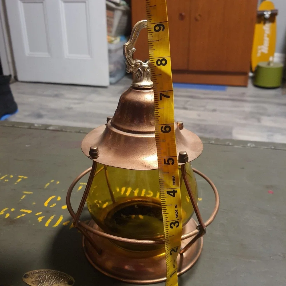 Vintage Metal Copper & Amber Glass Hanging Cage Lantern Naurical Railroad Decor